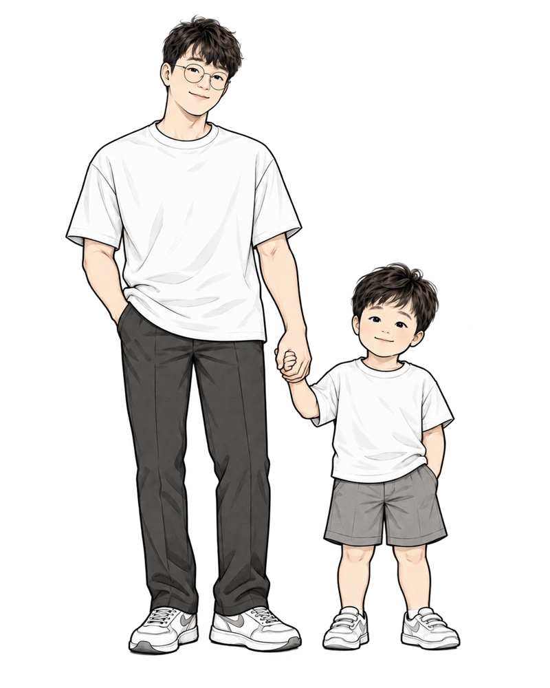 손을 잡고 나란히 서 있는 아빠와 도하 일러스트
